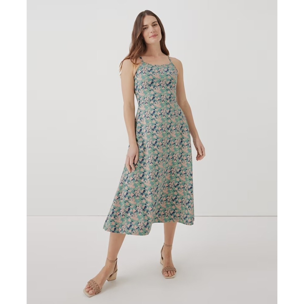 PACT Organic Cotton Blend Fit & Flare Midi Dress Size XL Floral Green Pockets